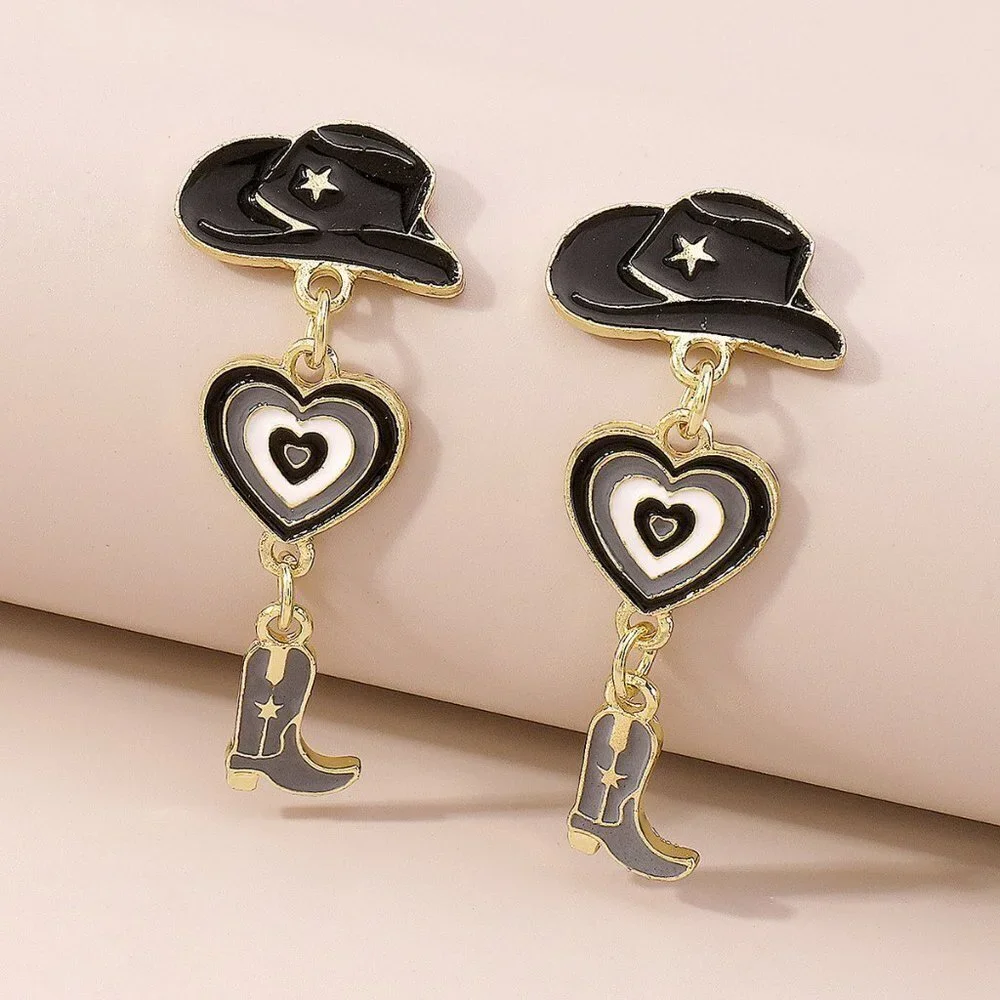 Hat Heart Cowboy Boots Oil Drop Earrings